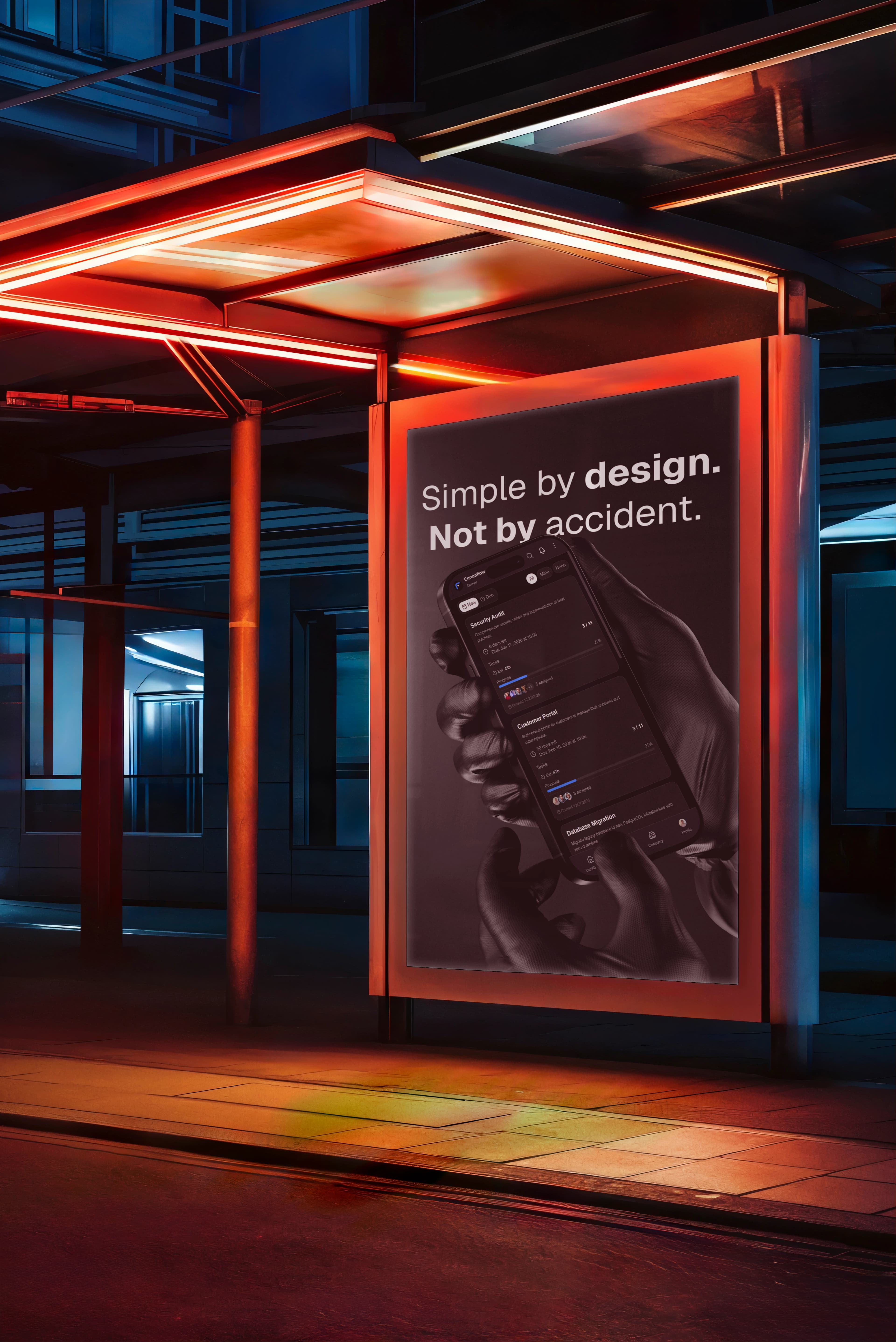 EnrumFlow busstoppested reklame med Simple by design tagline