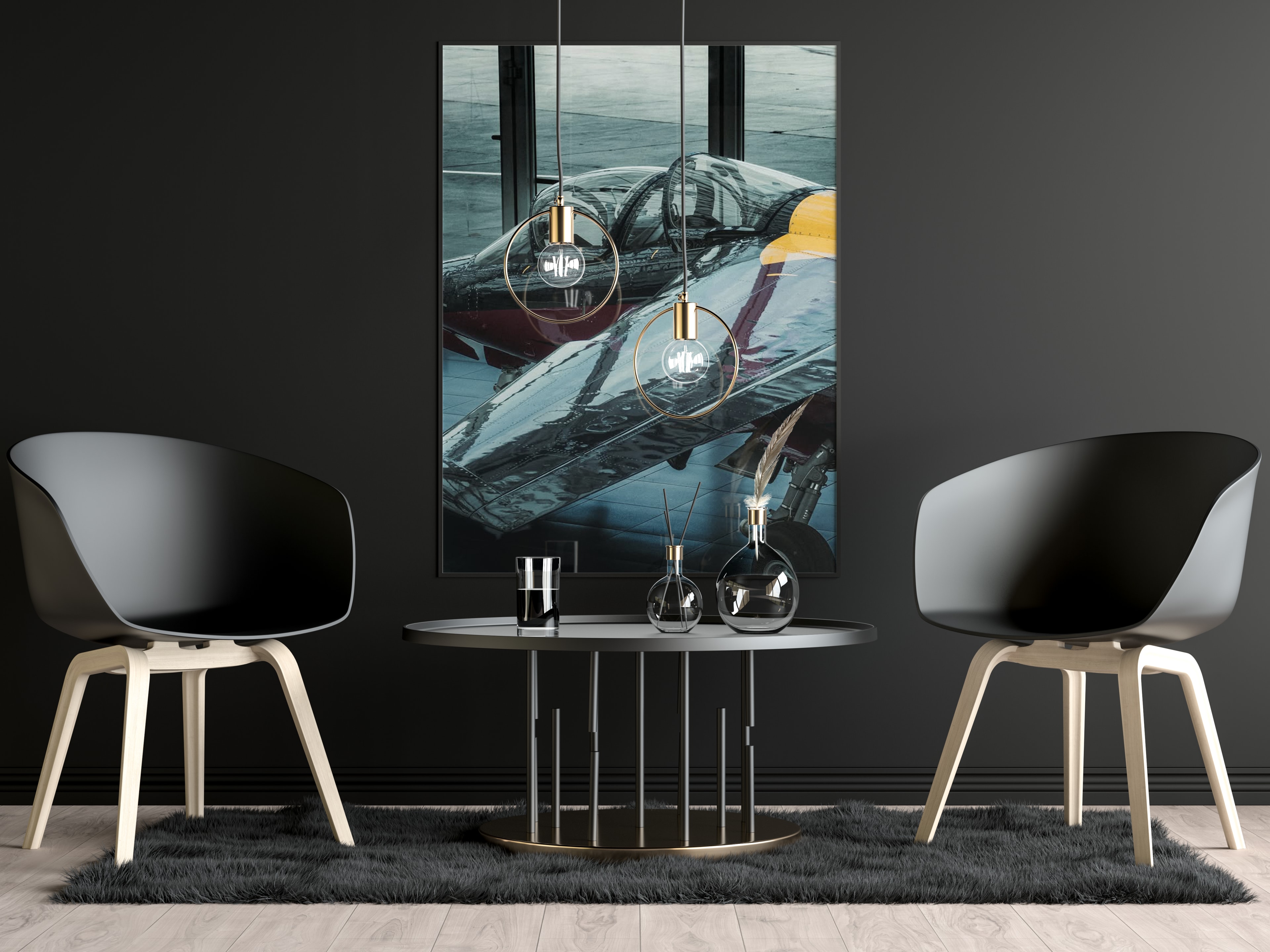 Framed vintage aircraft print in modern living room interior
